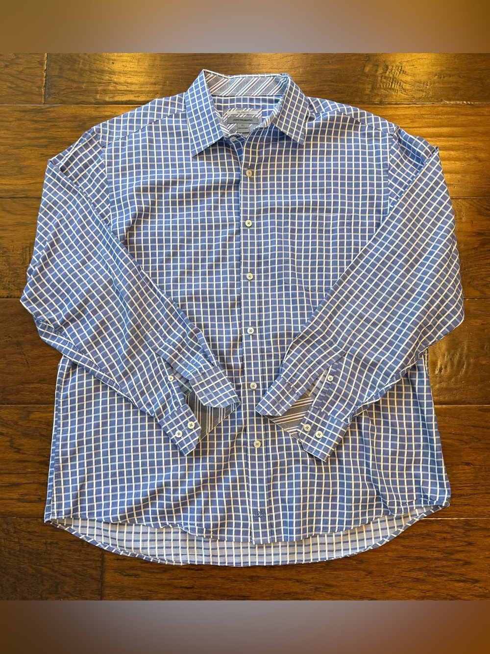 Johnston Murphy Shirt XL Tailored Fit Blue Check Long Sleeve Button Up Plaid